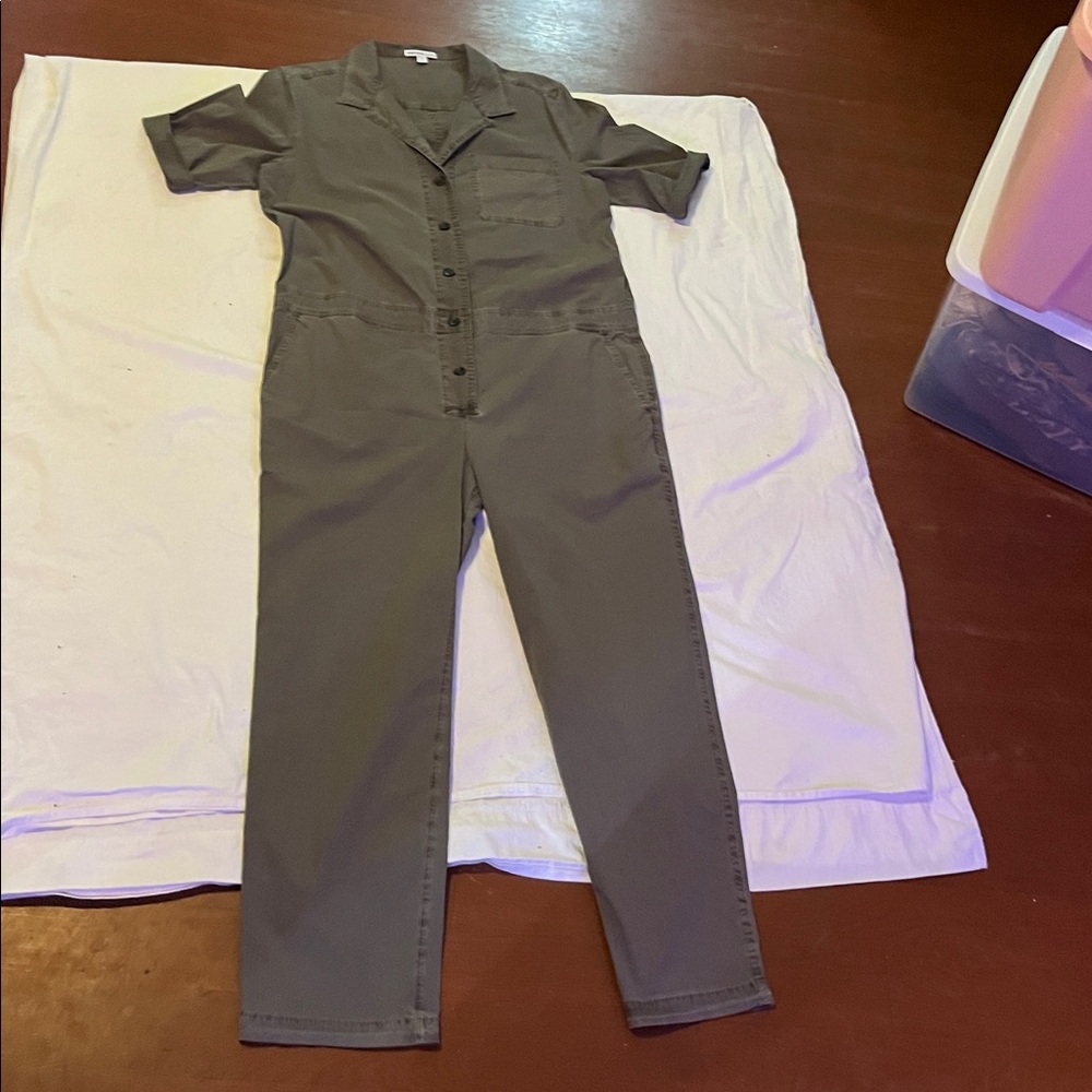 James Perse Women's Jumpsuit Army Green Button Front Collared Cotton Sz M